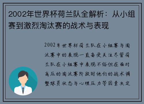 2002年世界杯荷兰队全解析：从小组赛到激烈淘汰赛的战术与表现